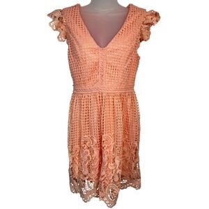 Altard State Peach Lace Flutter Sleeve V Neck Dress Size S Boho Spring Zipper